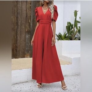 Bold Red Puff Sleeve Jumpsuit
